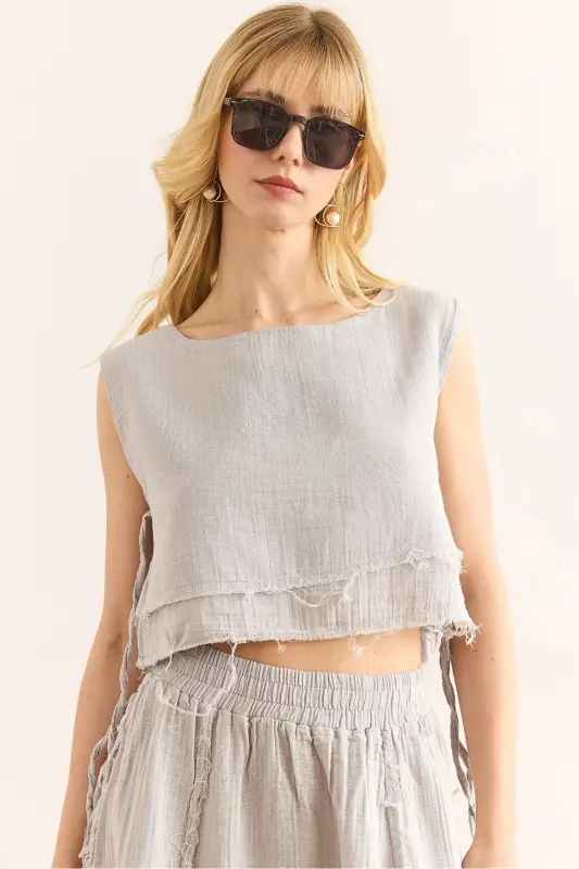 Women's Gray Double Layer Dirty Stitch Lace-up Detailed Muslin Blouse BLZ-19002924-Gray - 1