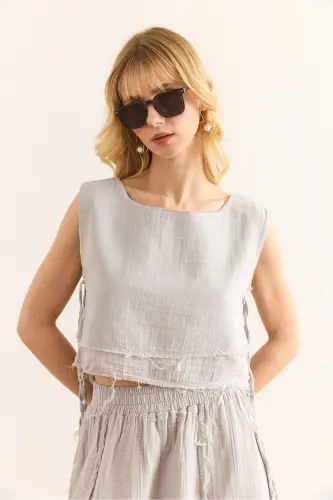 Women's Gray Double Layer Dirty Stitch Lace-up Detailed Muslin Blouse BLZ-19002924-Gray - 2