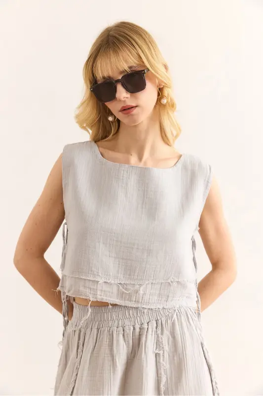 Women's Gray Double Layer Dirty Stitch Lace-up Detailed Muslin Blouse BLZ-19002924-Gray - 2