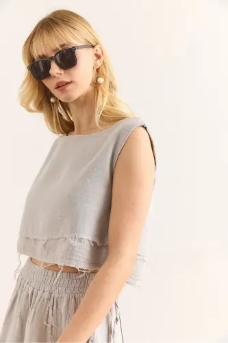 Women's Gray Double Layer Dirty Stitch Lace-up Detailed Muslin Blouse BLZ-19002924-Gray - 3