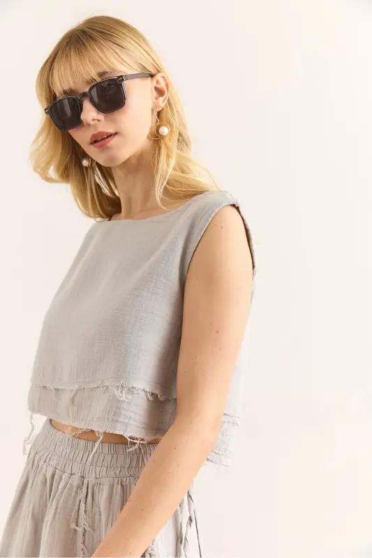 Women's Gray Double Layer Dirty Stitch Lace-up Detailed Muslin Blouse BLZ-19002924-Gray - 3