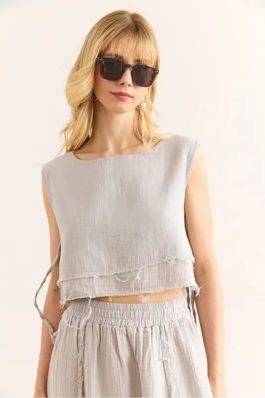 Women's Gray Double Layer Dirty Stitch Lace-up Detailed Muslin Blouse BLZ-19002924-Gray - 4