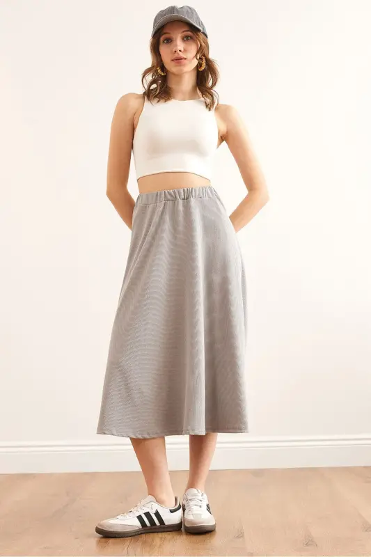 Women's Gray Elastic Waist Baggy Knit Skirt ETK-190 - 2