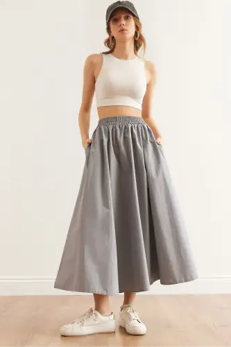 Women's Gray Elastic Waist Parachute Bell Skirt ETK-19000 