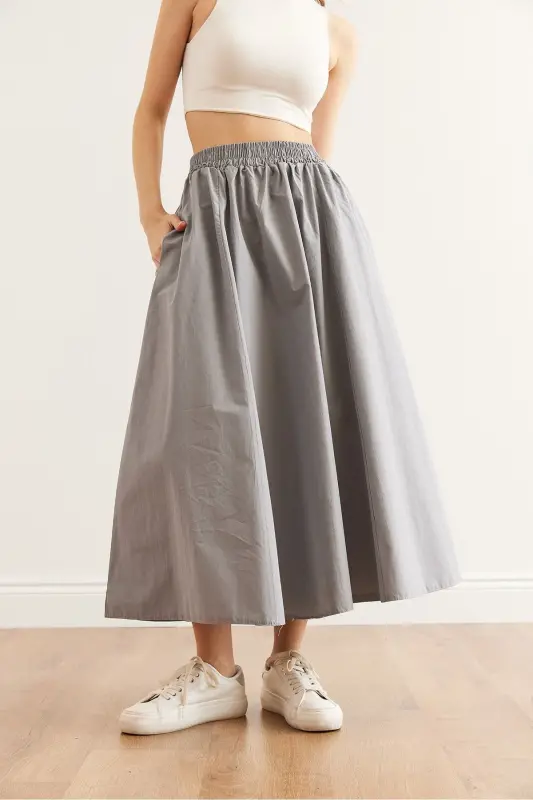 Women's Gray Elastic Waist Parachute Bell Skirt ETK-19000 - 4