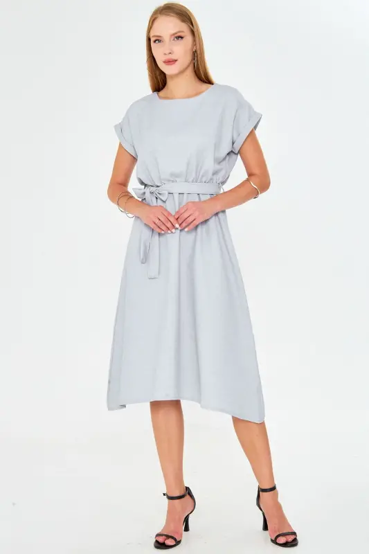 Women's Gray Elastic Waist Tie Dress ARM-18Y001133-Gray - 2