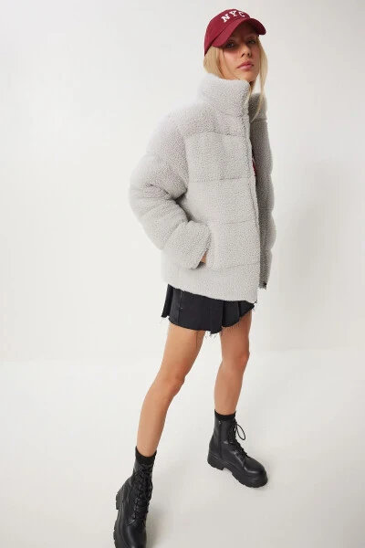 Women's Gray High Neck Plush Puffer Jacket QA00002 - HAPPINESS İSTANBUL (1)