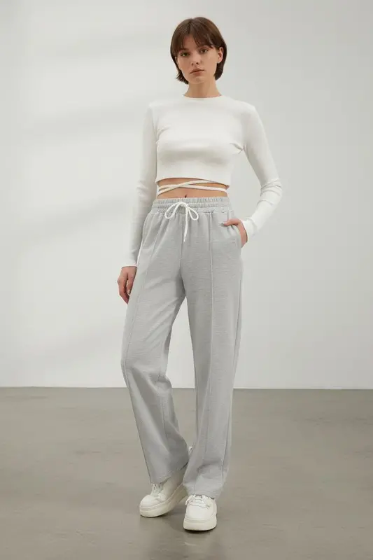 Women's Gray High Waist Front Zip Wide Leg Double Pocket Sweatpants ALC-X7957 - 1