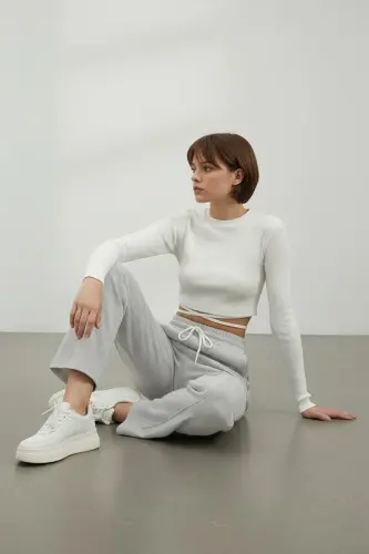 Women's Gray High Waist Front Zip Wide Leg Double Pocket Sweatpants ALC-X7957 - TREND ALAÇATI STILI (1)