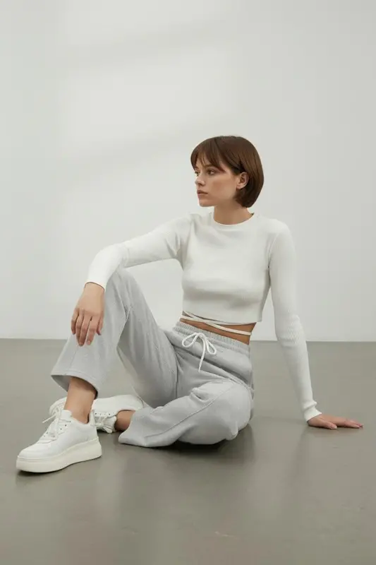 Women's Gray High Waist Front Zip Wide Leg Double Pocket Sweatpants ALC-X7957 - 2