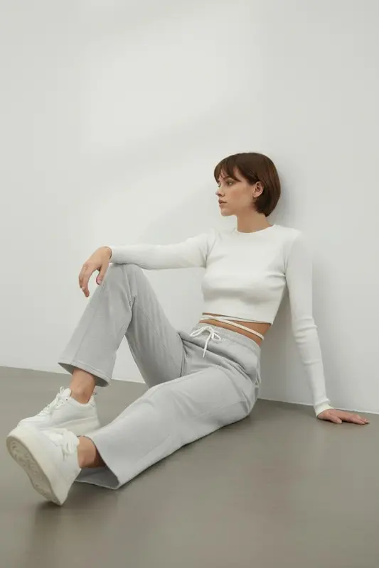 Women's Gray High Waist Front Zip Wide Leg Double Pocket Sweatpants ALC-X7957 - 3