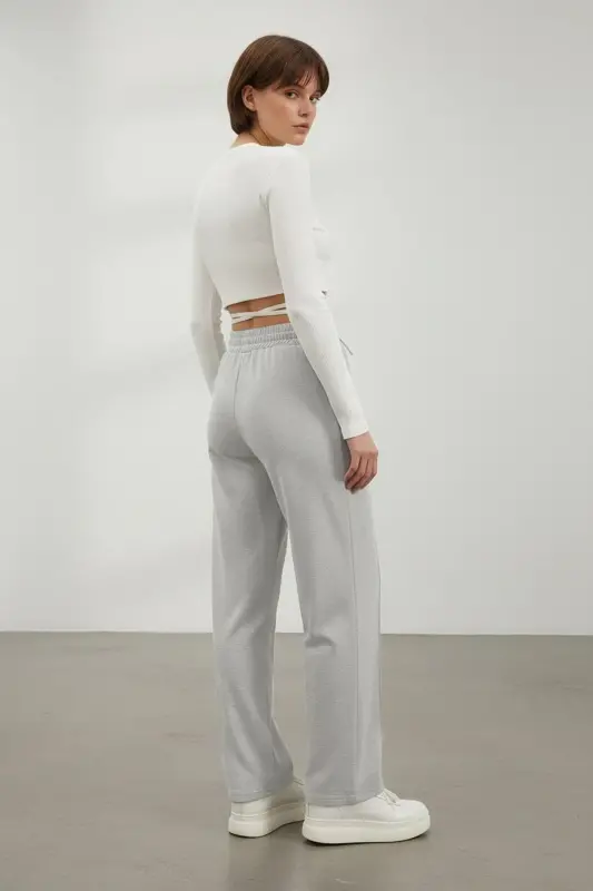 Women's Gray High Waist Front Zip Wide Leg Double Pocket Sweatpants ALC-X7957 - 5