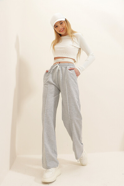 Women's Gray High Waist Front Zip Wide Leg Double Pocket Sweatpants ALC-X7957 - 3