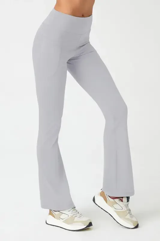 Women's Gray High Waist Shaping Double Pocket Bootcut Leggings - 2