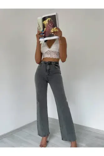 Women's Gray High Waist Wide Leg Jeans-GRAY - 3