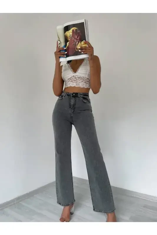 Women's Gray High Waist Wide Leg Jeans-GRAY - 3