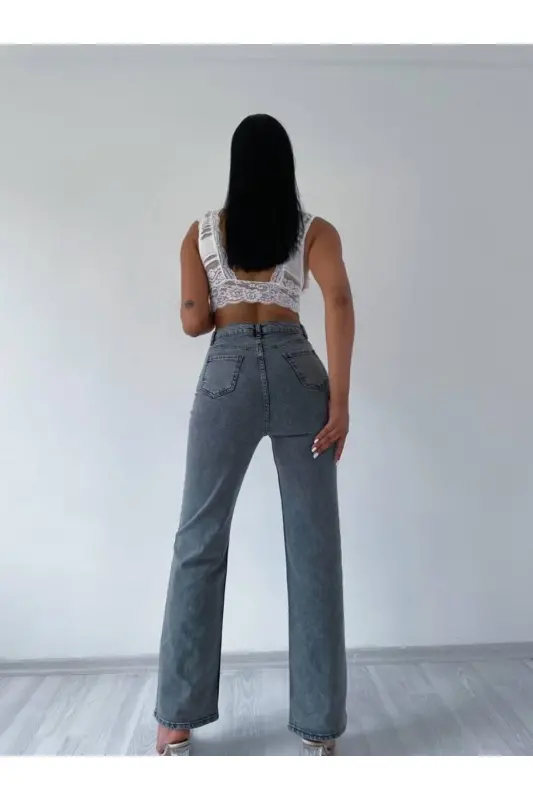 Women's Gray High Waist Wide Leg Jeans-GRAY - 2