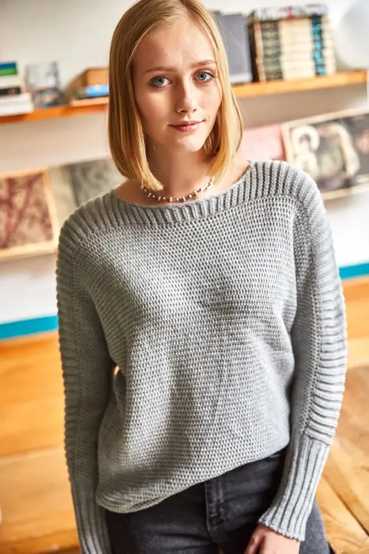 Women's Gray Honeycomb Knit Sweater with Sleeve Detail KZK-19000399-Gray - 2