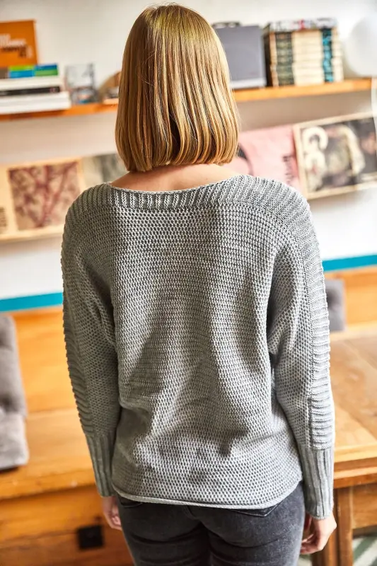 Women's Gray Honeycomb Knit Sweater with Sleeve Detail KZK-19000399-Gray - 4