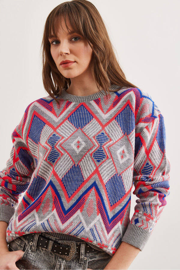 Women's Gray Kilim Pattern Knitted Sweater - 2