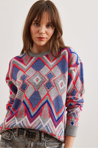 Women's Gray Kilim Pattern Knitted Sweater - 3