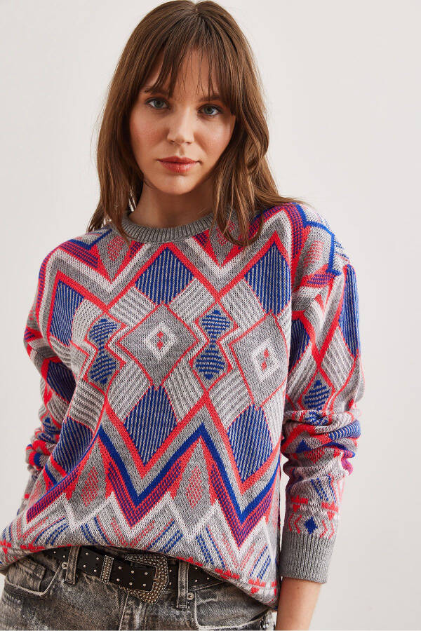 Women's Gray Kilim Pattern Knitted Sweater - 3