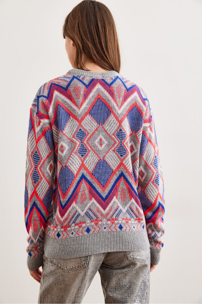 Women's Gray Kilim Pattern Knitted Sweater - 5
