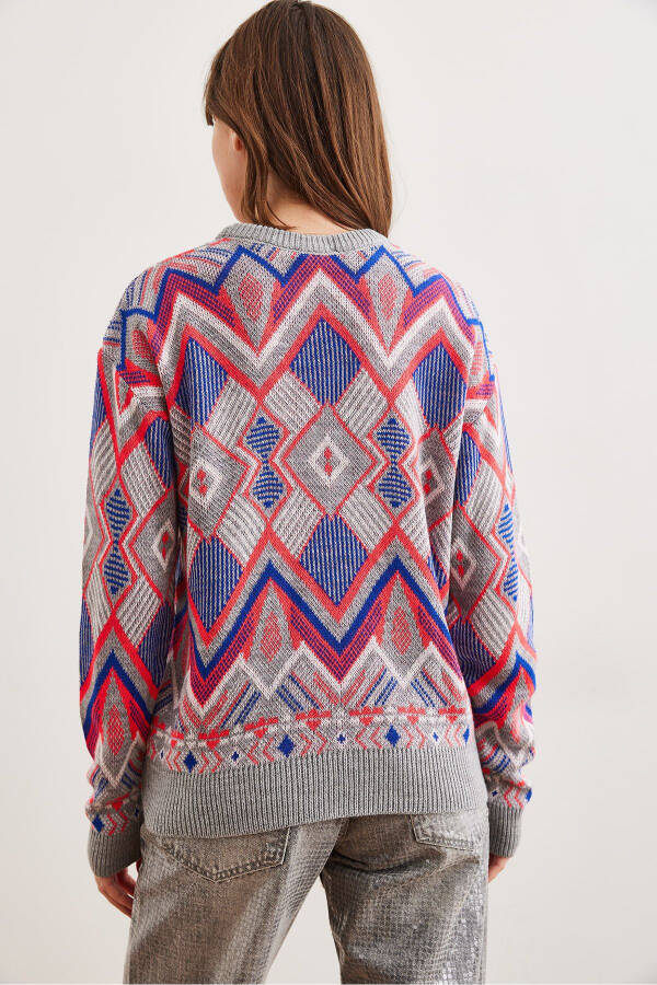 Women's Gray Kilim Pattern Knitted Sweater - 5