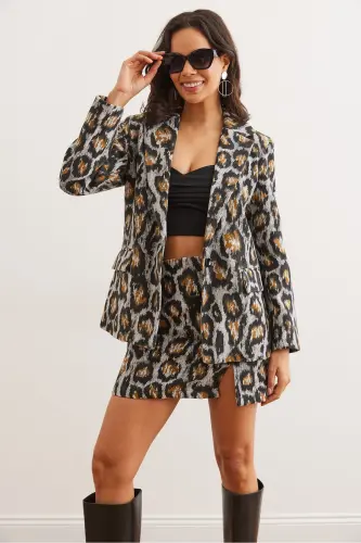 Women's Gray Leopard Flap Pocket Lined Wool Blend Blazer Jacket CKT-19000403-Gray Leopard - OLALOOK (1)
