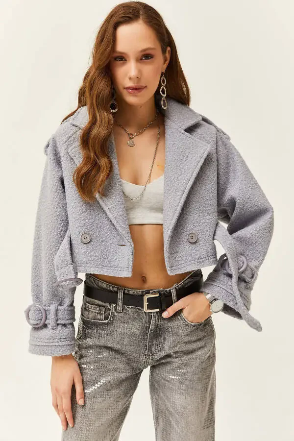 Women's Gray Lined Belt Detailed Cropped Boucle Jacket CKT-19000372 - 1