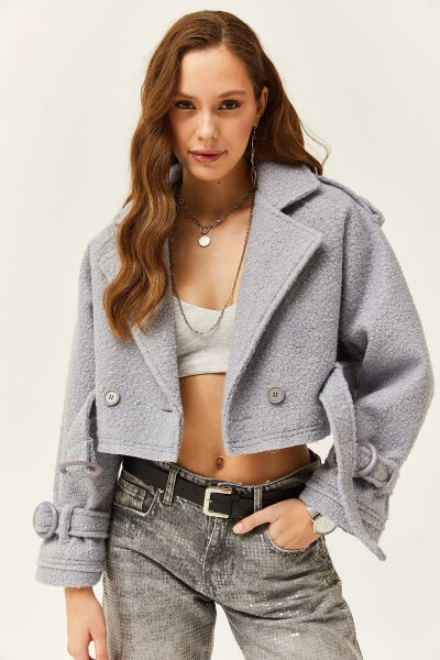 Women's Gray Lined Belt Detailed Cropped Boucle Jacket CKT-19000372 - OLALOOK (1)