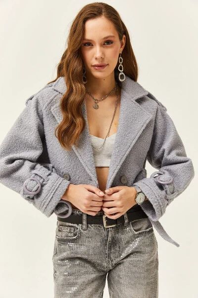 Women's Gray Lined Belt Detailed Cropped Boucle Jacket CKT-19000372 - 3