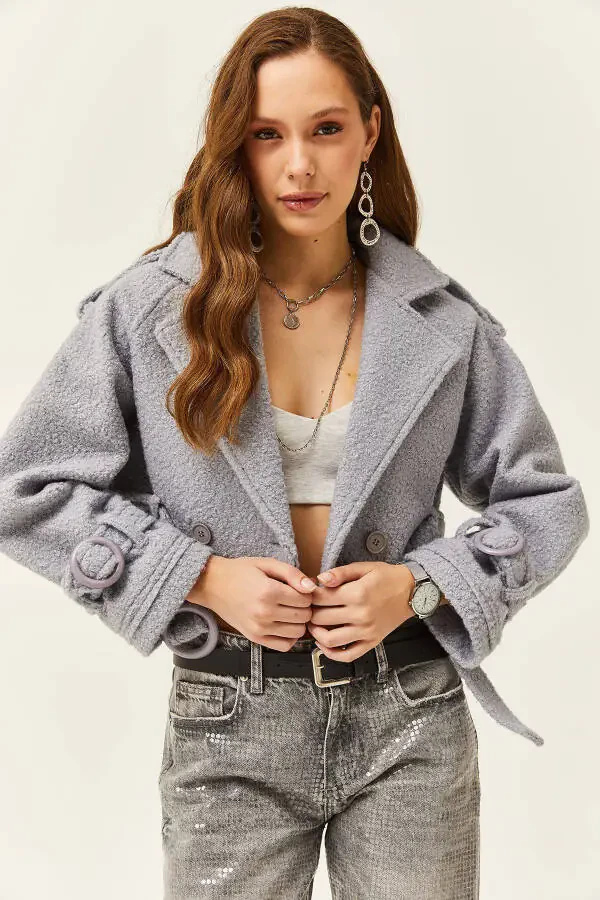 Women's Gray Lined Belt Detailed Cropped Boucle Jacket CKT-19000372 - 3