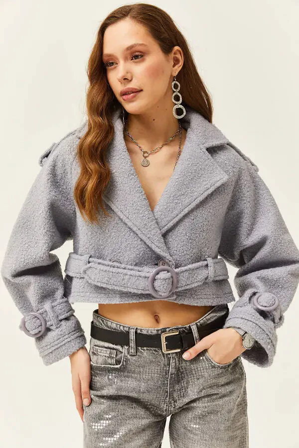 Women's Gray Lined Belt Detailed Cropped Boucle Jacket CKT-19000372 - 4