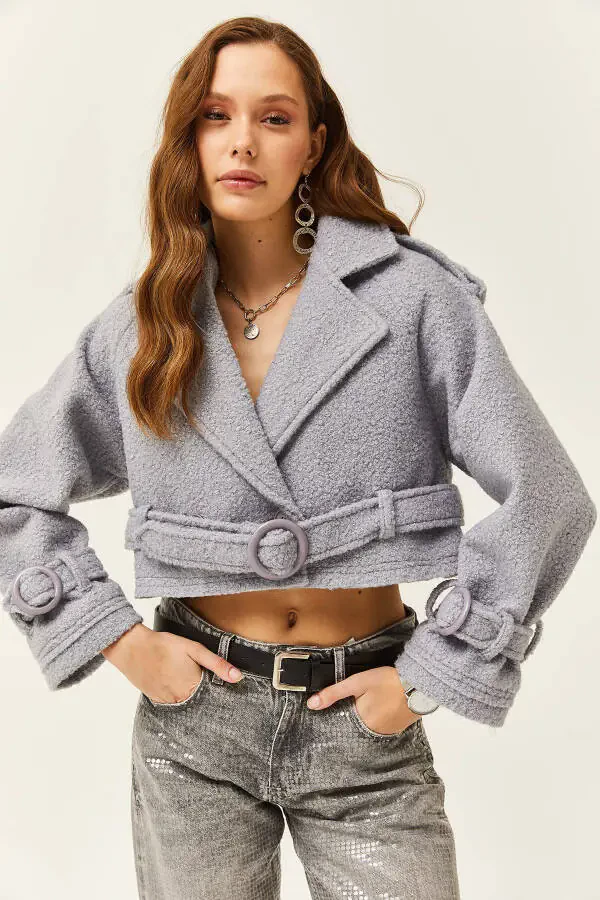 Women's Gray Lined Belt Detailed Cropped Boucle Jacket CKT-19000372 - 5