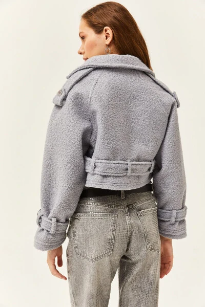 Women's Gray Lined Belt Detailed Cropped Boucle Jacket CKT-19000372 - 6