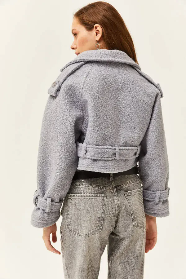Women's Gray Lined Belt Detailed Cropped Boucle Jacket CKT-19000372 - 6