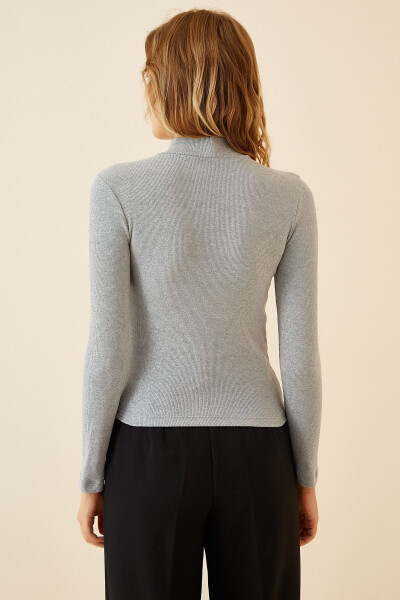 Women's Gray Melange Fisherman Neck Ribbed Knit Blouse GT00054 - 4