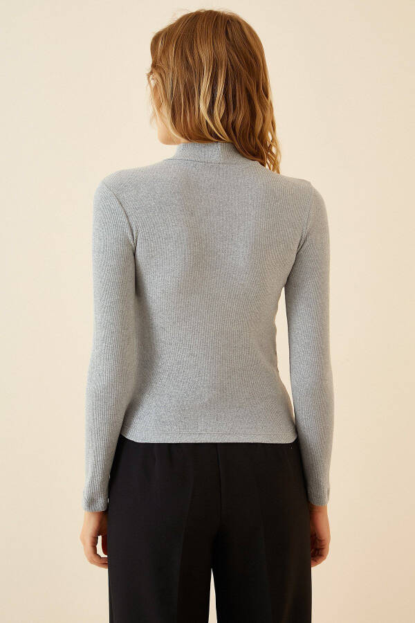 Women's Gray Melange Fisherman Neck Ribbed Knit Blouse GT00054 - 4