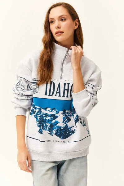 Women's Gray Melange Zippered Stand-up Collar Thistle Oversized Sweatshirt - 1