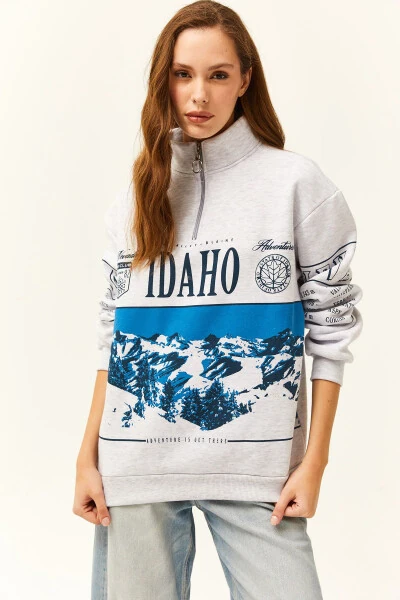 Women's Gray Melange Zippered Stand-up Collar Thistle Oversized Sweatshirt - 2