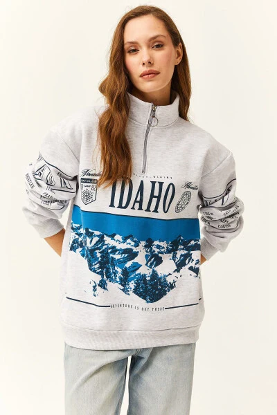 Women's Gray Melange Zippered Stand-up Collar Thistle Oversized Sweatshirt - 3