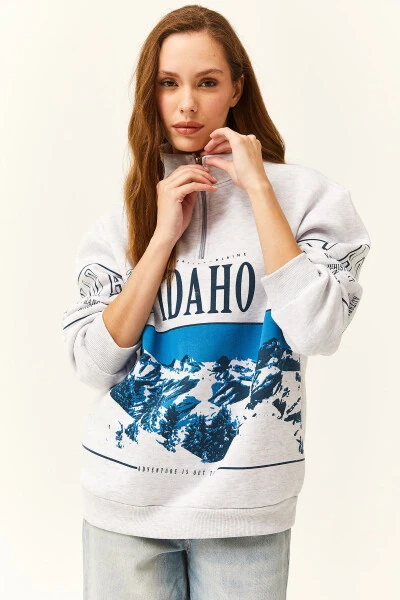 Women's Gray Melange Zippered Stand-up Collar Thistle Oversized Sweatshirt - 4