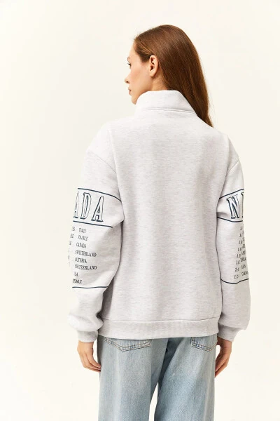 Women's Gray Melange Zippered Stand-up Collar Thistle Oversized Sweatshirt - 6