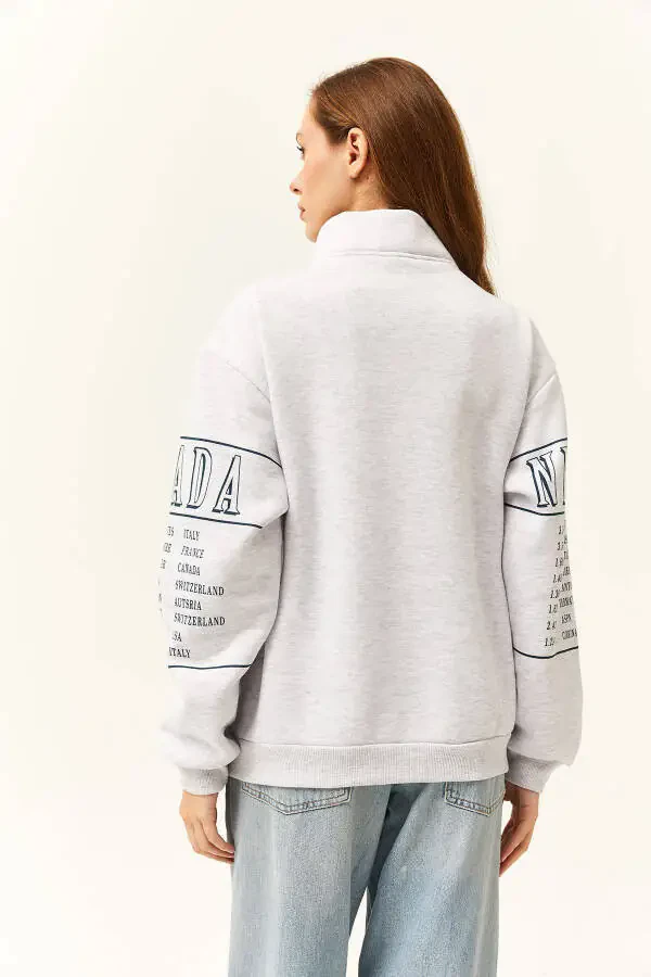 Women's Gray Melange Zippered Stand-up Collar Thistle Oversized Sweatshirt - 6