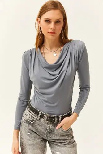 Women's Gray Padded Shoulder Pleated Cowl Neck Blouse BLZ-19002419-Gray - OLALOOK (1)