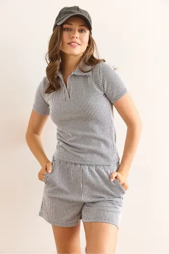 Women's Gray Polo Neck Blouse and Shorts Set TKM-190004 - 3