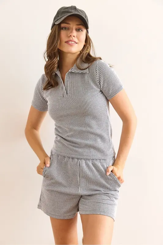 Women's Gray Polo Neck Blouse and Shorts Set TKM-190004 - 3