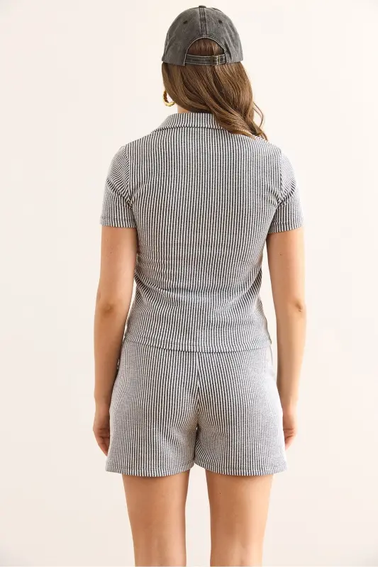 Women's Gray Polo Neck Blouse and Shorts Set TKM-190004 - 6
