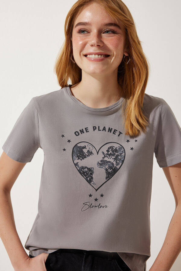 Women's Gray Printed Knitted T-Shirt WO00035 - 1